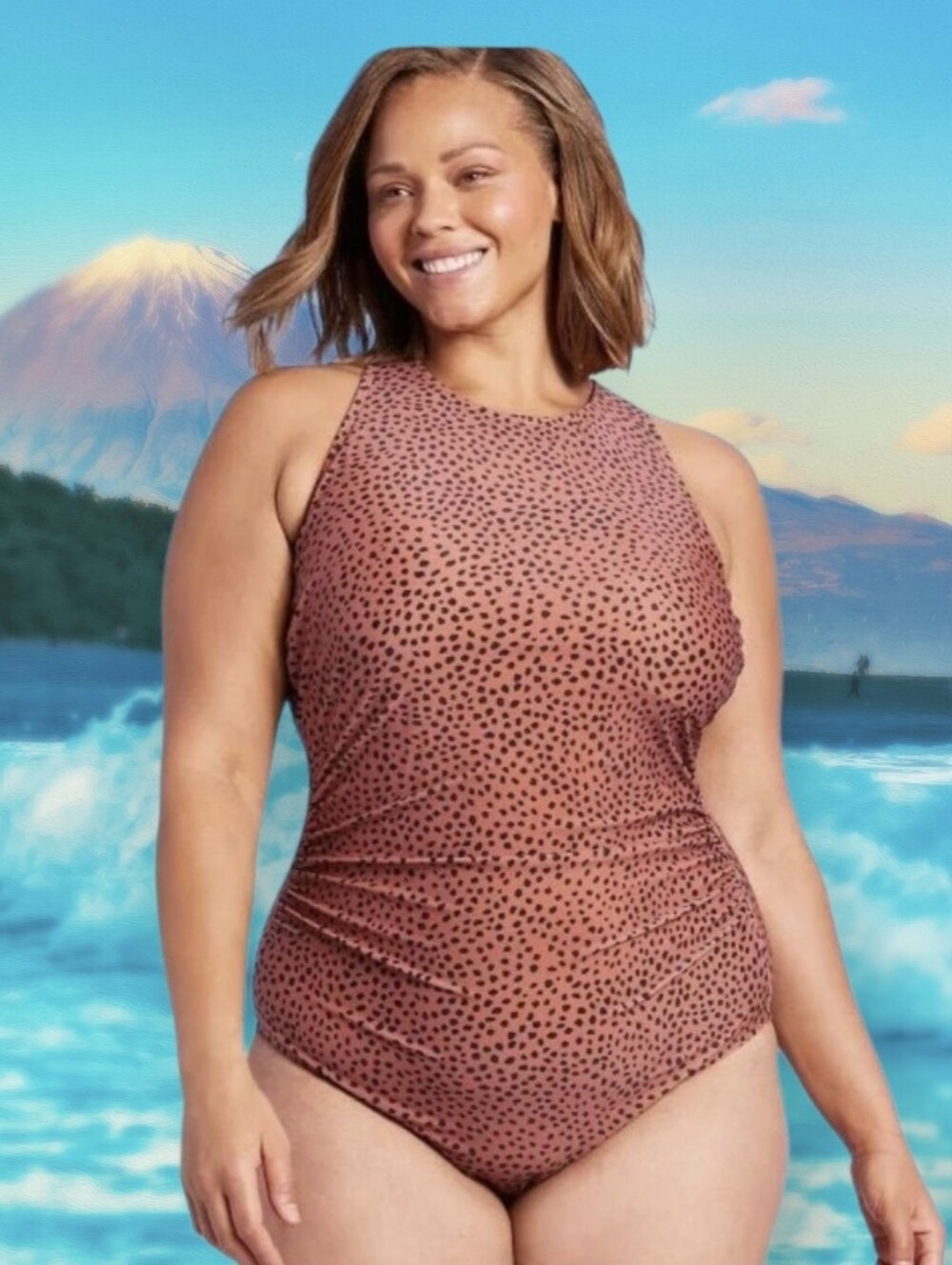 #K41 High-Neck One-Piece Swimsuit in Dusty Rose Leopard Print